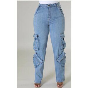 NWT Womens Blue High Waist Cargo Jeans Light Wash Blue Denim Pockets Y2K